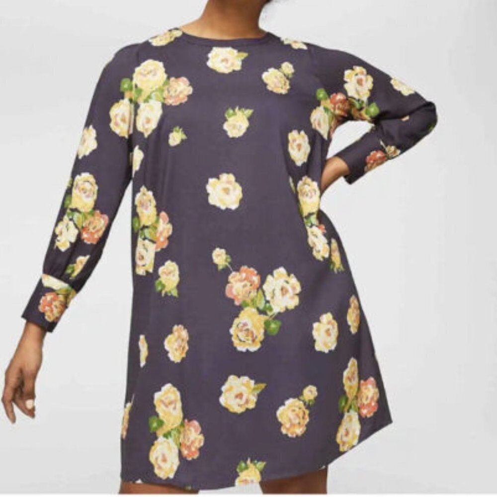 LOFT‎ Shift Dress Long Sleeve Button Cuffs Gray Floral  Size M